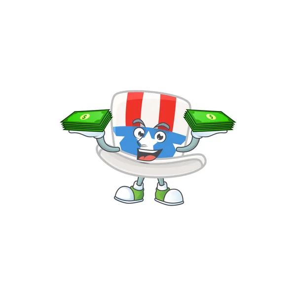 Rich and famous uncle sam hat cartoon character with money on hands — 图库矢量图片