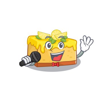 Happy lemon cheesecake singing on a microphone