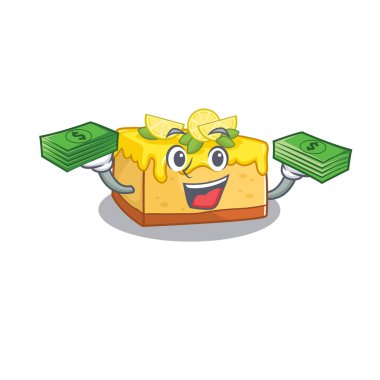 cool rich lemon cheesecake character having money on hands