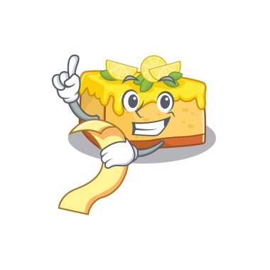 A funny cartoon character of lemon cheesecake holding a menu