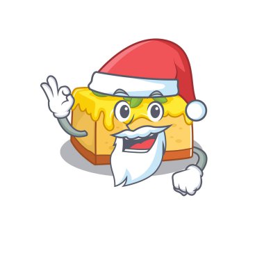 Lemon cheesecake in Santa cartoon character style with ok finger