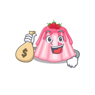 Rich and famous strawberry jelly cartoon character holding money bag