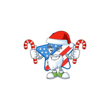 Maskot stili Usa yıldızı Noel Baba kostümlü ve şekerli.