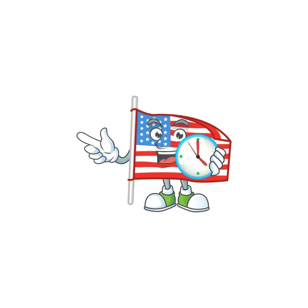 미국 국기, 시계와 함께 장대 만화 캐릭터 스타일 — 스톡 벡터