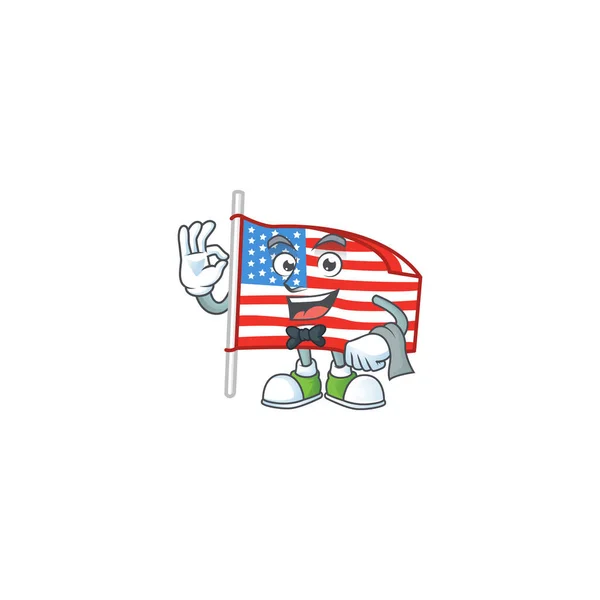 Een Usa vlag met paal cartoon mascotte werkend als een Ober — Stockvector