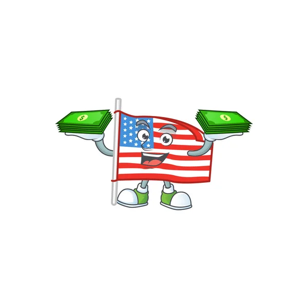 Gazdag és híres Usa zászló rúd rajzfilm karakter pénzt a kezét — Stock Vector
