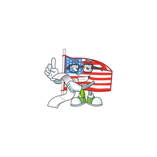 Zabawny charakter twarzy flagi Usa z masztem trzymającym menu — Wektor stockowy