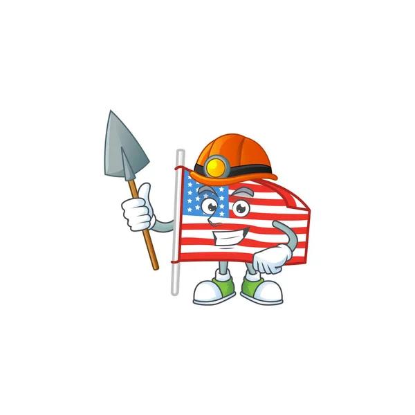 Fajny sprytny Miner Usa flaga z projektu postaci z kreskówek biegun — Wektor stockowy