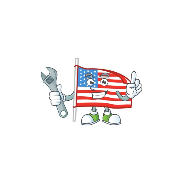 Gelukkig Mechanic Usa vlag met paal cartoon karakter ontwerp — Stockvector