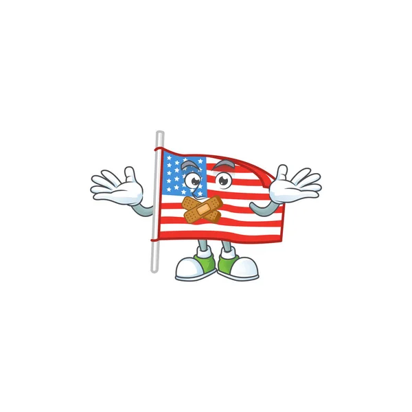 Mascota de dibujos animados diseño de personajes de la bandera de EE.UU. con poste haciendo un gesto silencioso — Vector de stock