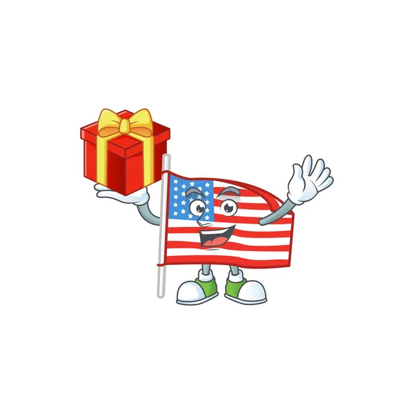 Мультяшный персонаж флага США с шестом с коробкой подарка — стоковый вектор