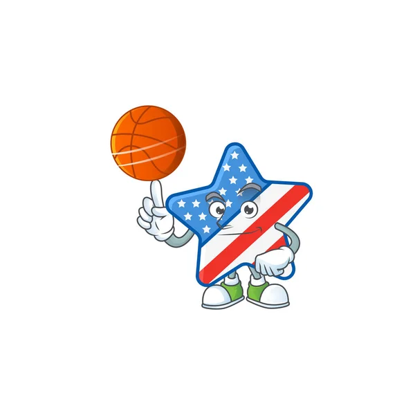 Un fuerte personaje de dibujos animados estrella de EE.UU. con un baloncesto — Archivo Imágenes Vectoriales