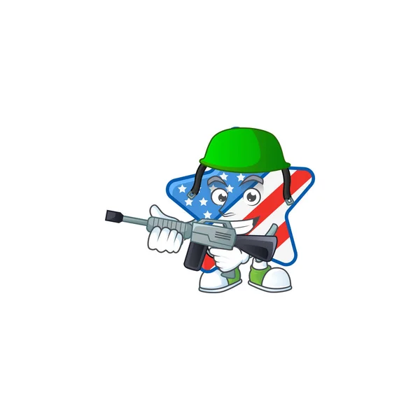 USA disegno della mascotte stella in uniforme militare con mitragliatrice — Vettoriale Stock