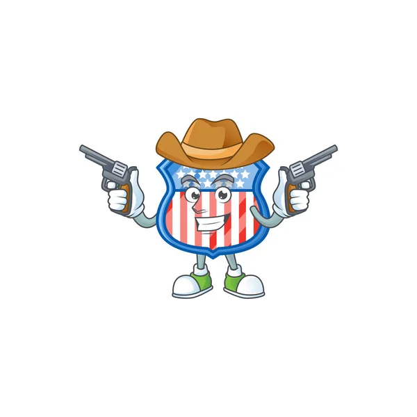 El valiente de escudo insignias EE.UU. Cowboy personaje de dibujos animados con armas de fuego — Archivo Imágenes Vectoriales