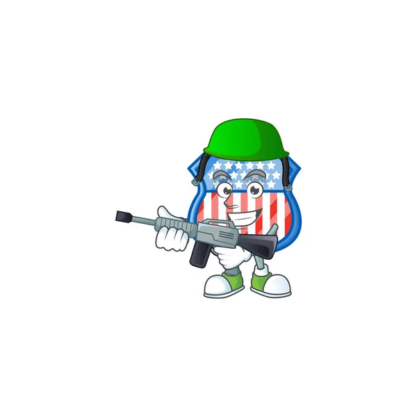 Kalkan rozetleri Usa maskot tasarımı. Askeri üniforma ve makineli tüfek. — Stok Vektör