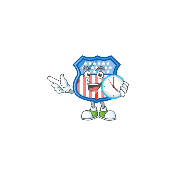 Badges Bouclier USA style de personnage de dessin animé avec une horloge — Image vectorielle