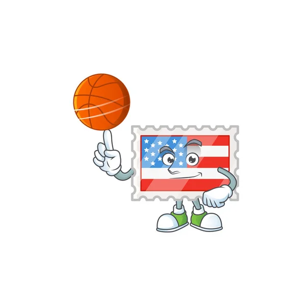 A strong independence day stamp cartoon character with a basketball — Stok Vektör