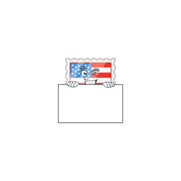 Independence day stamp cartoon character with funny face hides behind a board — Stockvektor