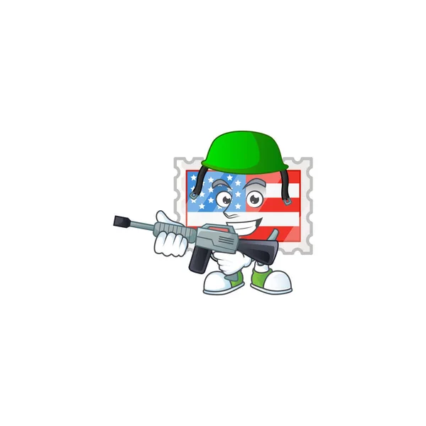Independence day stamp mascot design in an Army uniform with machine gun — Stock Vector