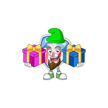 Büyüleyici bir kalkan Usa 'ya iki kutu hediyeyle birlikte yıldız çizgi film maskotu stili rozetler veriyor.