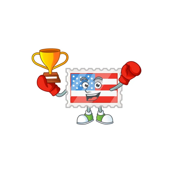 Super cool Boxeo ganador del sello del día de la independencia en el diseño de dibujos animados de la mascota — Archivo Imágenes Vectoriales