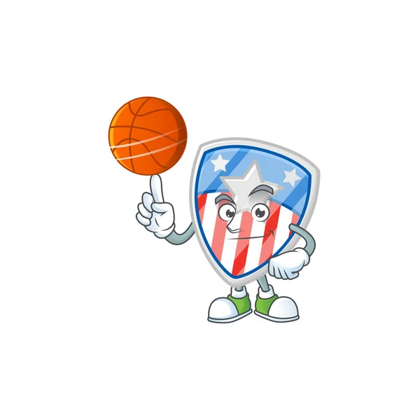 Silný štít odznaky USA s hvězdou kreslený postava s basketbalem — Stockový vektor