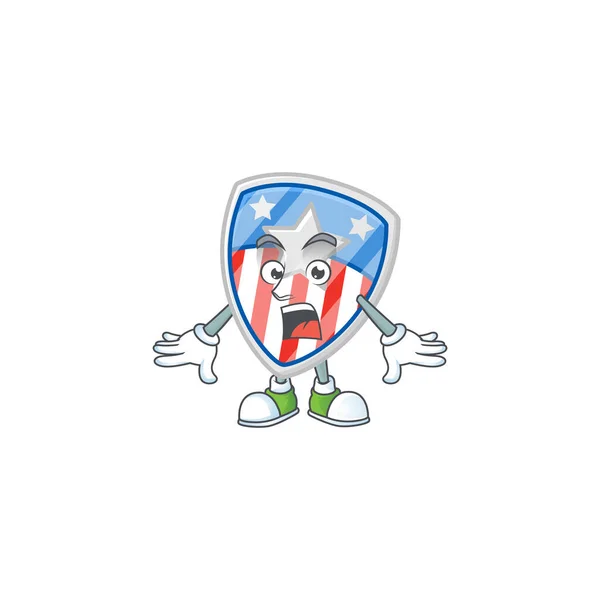 Desenho animado design de emblemas de escudo EUA com estrela com um gesto surpreso — Vetor de Stock