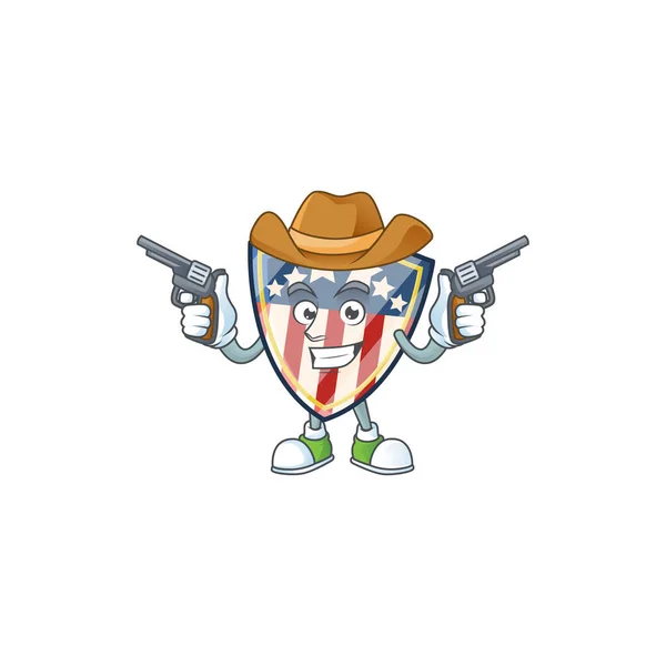 The brave of vintage shield badges USA Cowboy cartoon character holding guns — Stock Vector