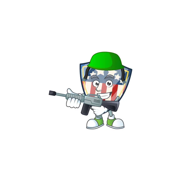 Insignes de bouclier vintage USA design de mascotte dans un uniforme de l'armée avec mitrailleuse — Image vectorielle
