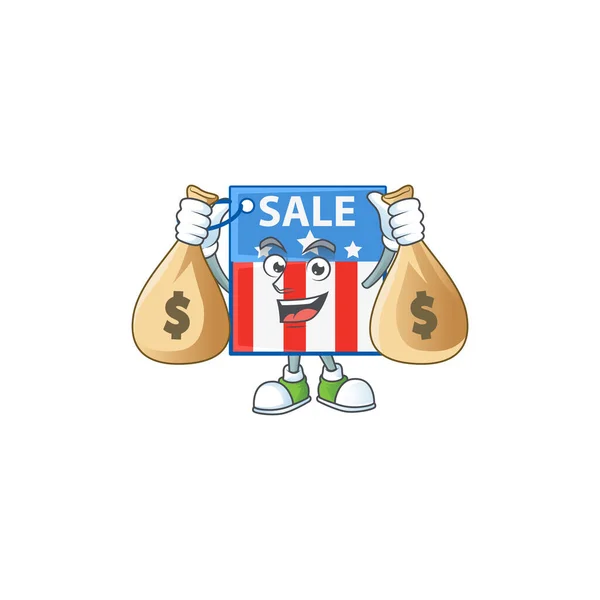 Roztomilý obrázek Usa cena tag karikatura znak držení tašky na peníze — Stockový vektor
