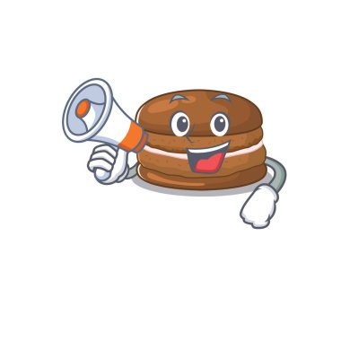 Megafonla konuşan bir çikolatalı makarna maskotu.