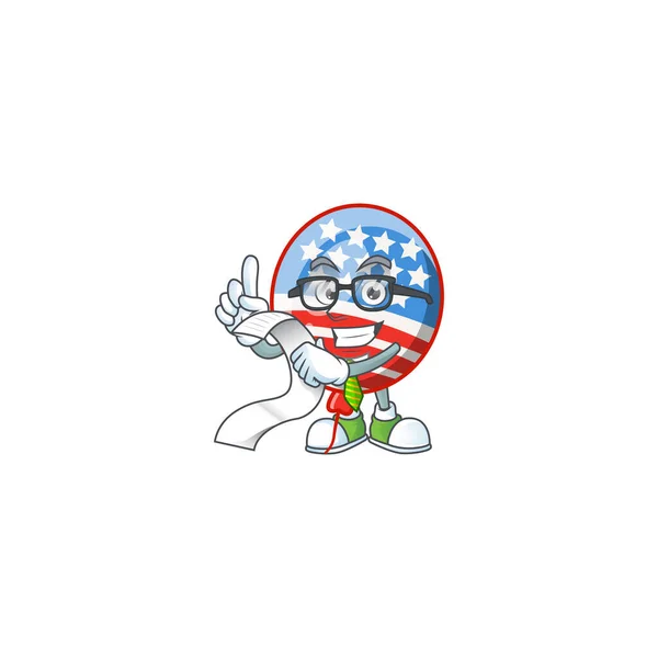 Ένα αστείο πρόσωπο χαρακτήρα του μπαλονιού Usa ρίγες κρατώντας ένα μενού — Διανυσματικό Αρχείο