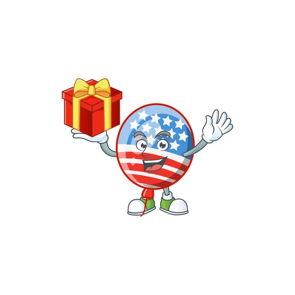 Cartoon-Figur von Usa Streifen Ballon mit einer Schachtel mit Geschenk — Stockvektor