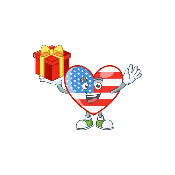 Cartoonfigur der Liebe zum Unabhängigkeitstag mit einer Schachtel voller Geschenke — Stockvektor