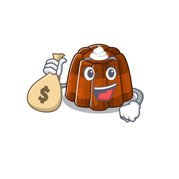 Rich and famous chocolate pudding cartoon character holding money bag — Stock Vector
