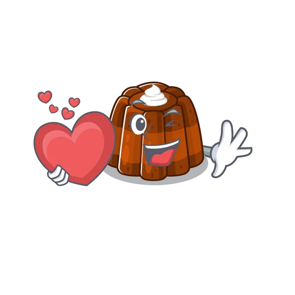 Romantico budino al cioccolato immagine cartone animato che tiene un cuore — Vettoriale Stock