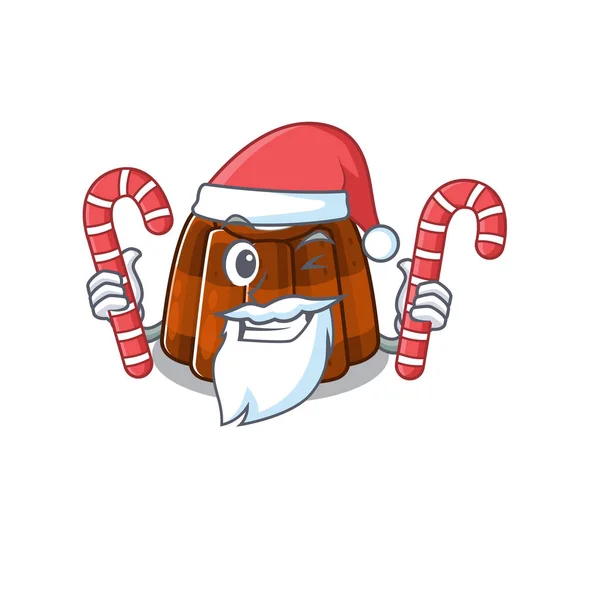 Schokoladenpudding Cartoon-Figur im Weihnachtsmannkostüm bringt ein Bonbon — Stockvektor