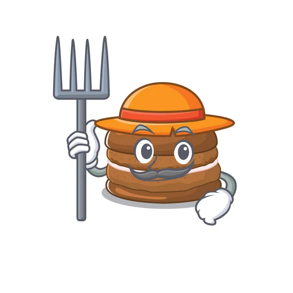 Ευτυχισμένος αγρότης σοκολάτα macaron εικόνα κινουμένων σχεδίων με καπέλο και εργαλεία — Διανυσματικό Αρχείο