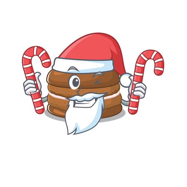 Schokolade Macaron Cartoon-Figur im Weihnachtsmannkostüm bringt ein Bonbon — Stockvektor