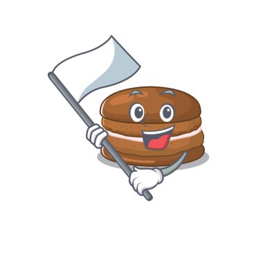 Komik çikolatalı makarna çizgi film karakteri tarzı ayakta duran bir bayrak taşıyor.