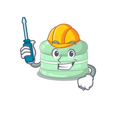cartoon character style pistachio macaron working as an automotive