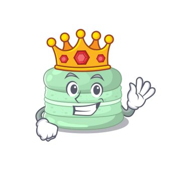A cartoon mascot design of pistachio macaron performed as a King on the stage