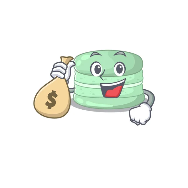 Kaya dan terkenal Pistachio Macaron karakter kartun memegang tas uang - Stok Vektor