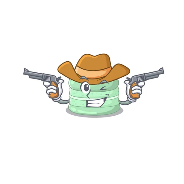 Pistachio macaron Cowboy cartoon concept having guns — Stock Vector