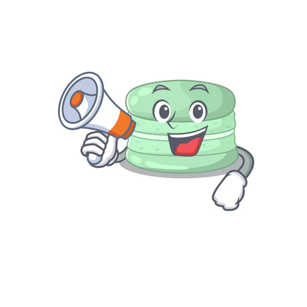 Uma mascote de pistache macaron falando em um megafone — Vetor de Stock