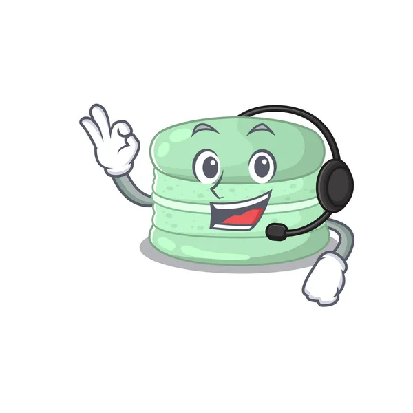 Estilo de diseño de la mascota macaron pistacho feliz con auriculares — Archivo Imágenes Vectoriales