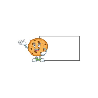 Cheerful chocolate chips cookies mascot style design with whiteboard