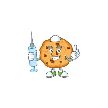Smiley Nurse chocolate chips cookies cartoon character with a syringe