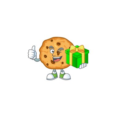 Cute chocolate chips cookies character holding a gift box