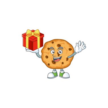 cartoon character of chocolate chips cookies with a box of gift